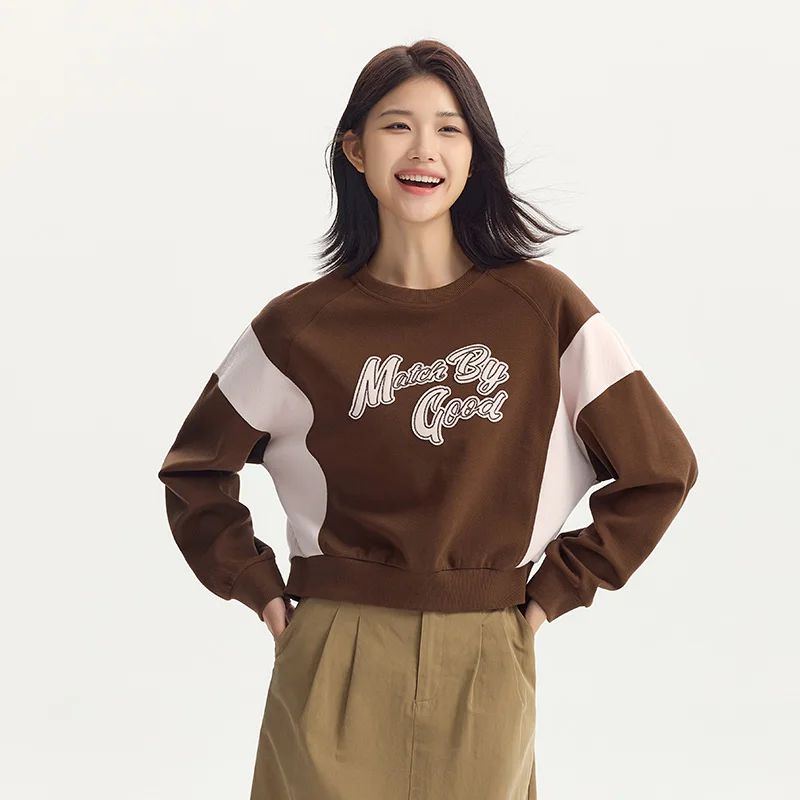 Semir Sweatshirt Women Short Oversize Letter Embroidery Fashion Pullover Autumn Round Neck Color-Blocking Retro Clothes