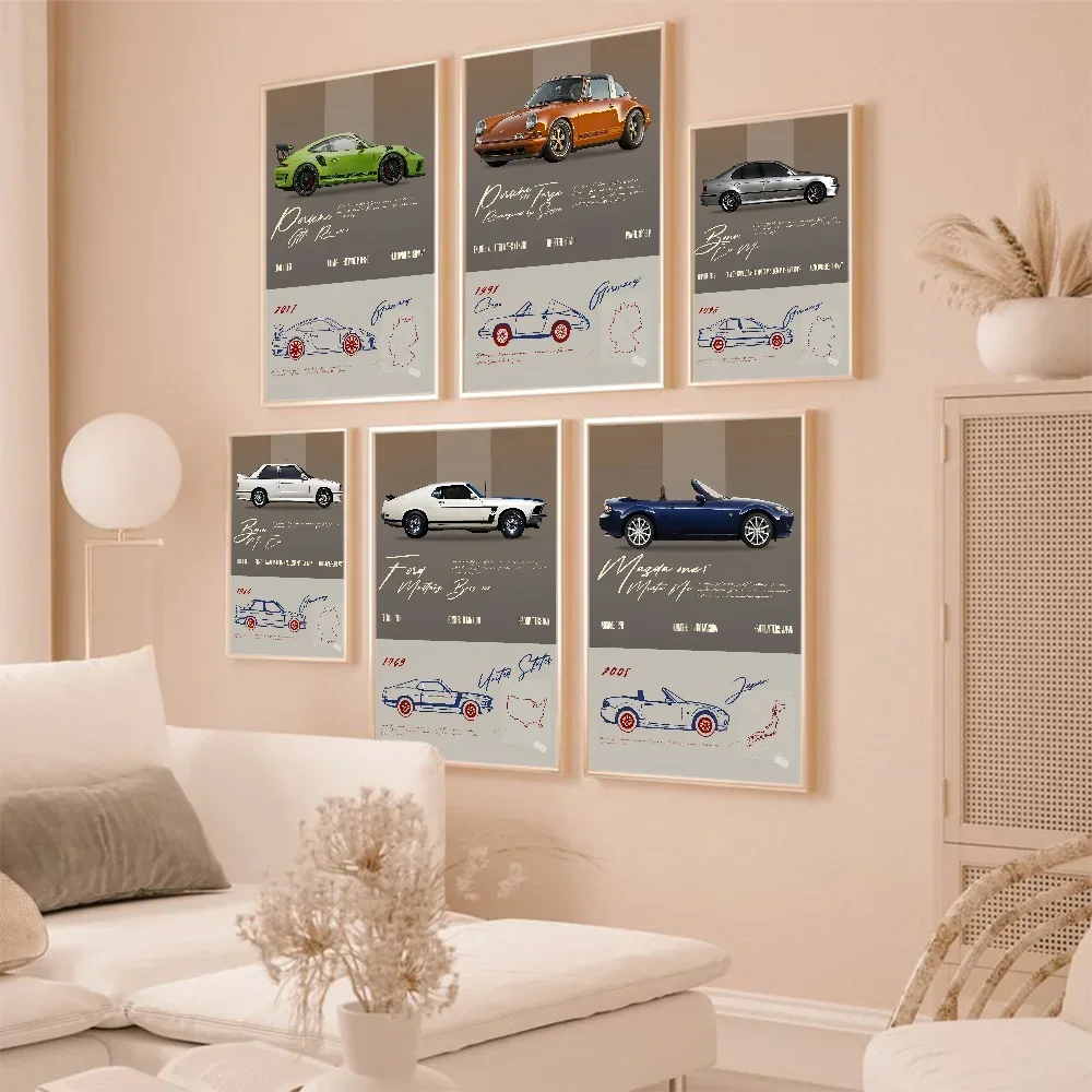 Vintage Car Specs 911 Ford Land Rover Poster Decorative Painting Bedroom Bedside Wall Sticker Living Room Cafe Entrance Mural