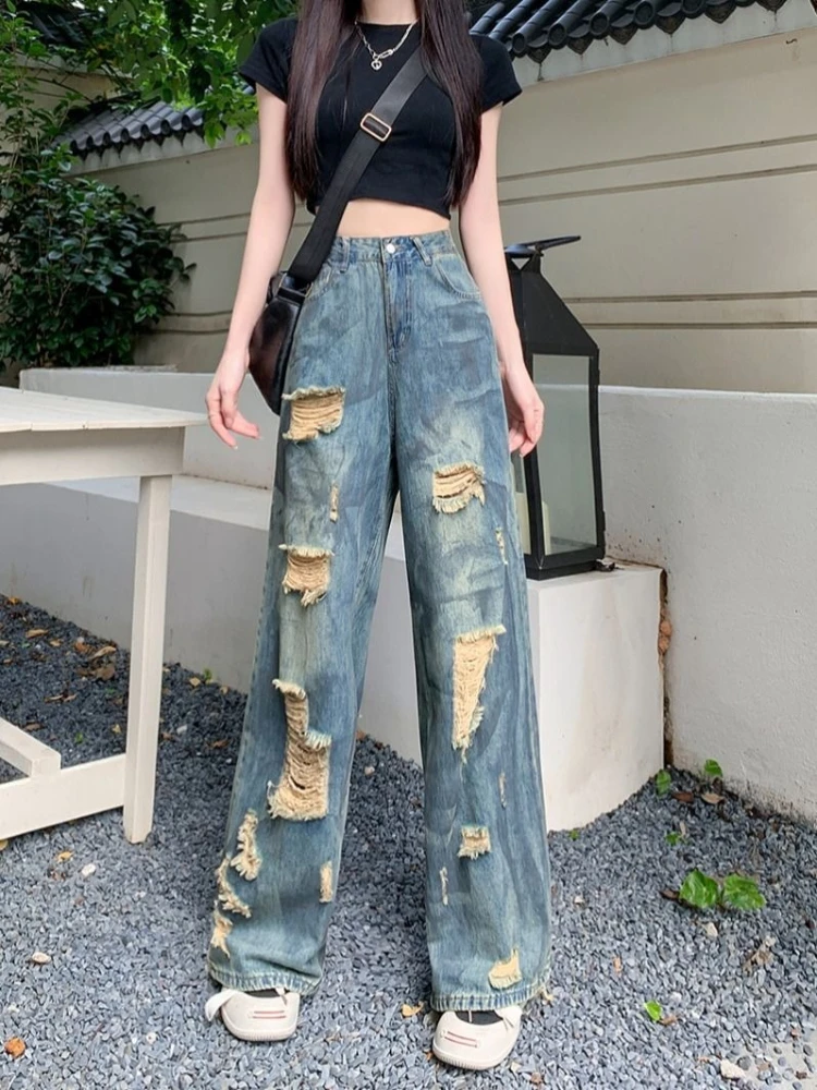 Slimming High-Waist Women's Ripped Jeans American Post-Apocalyptic Beggar Style Summer New Long Thin Denim Ink Splash Design