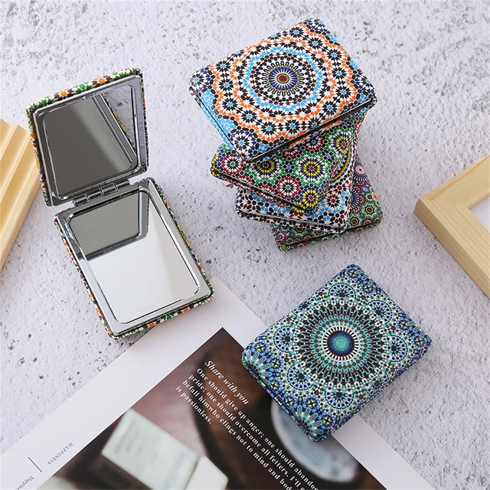 1pc Bohemian Printed Makeup Mirror Portable Double-Sided Folding Cosmetic Mirror Pu Pocket Handheld Mirrors Ladies Makeup Tools