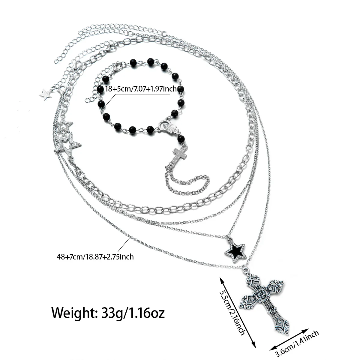 American Retro Multi-Layer Cross Necklace & Bracelet Set, Hip-Hop Star Distressed Layered Trendy Men's Accessories