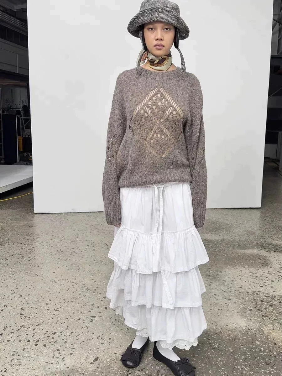 

Свободный длинный вязаный свитер с ажурной вязкой, теплый, для осени и зимы, модный, для повседневной носки