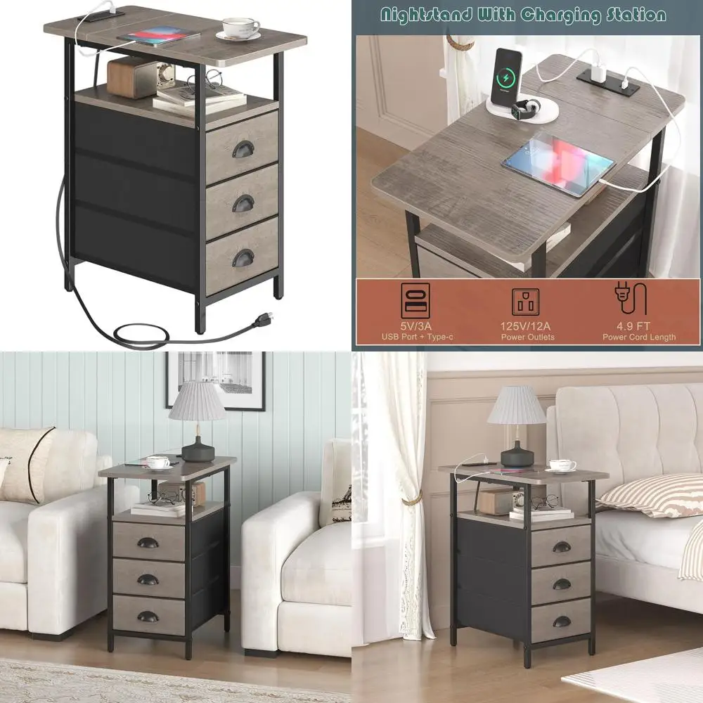 

Grey Charging Station End Table, USB & Outlet Side Tables for Living Room, 3-Drawer Narrow Nightstands for Small Spaces, Slim Be