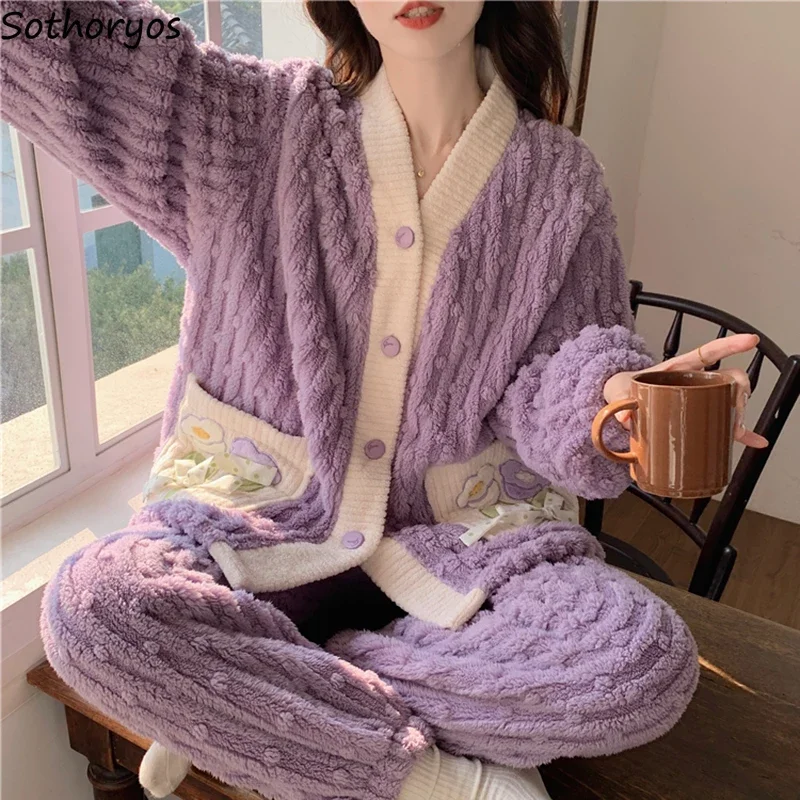 V-neck Coral Fleece Pajama Sets Women Flower Design Sweet Warm Sleepwear Home Casual Girls Plus Velvet Thicker Aesthetic Winter