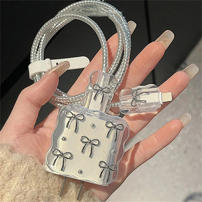 Cute 3D Clear Bowknot New USB Cable Protector Cover For Phone 18W-20W Data Line Bite Head Cord Fast Charging Case