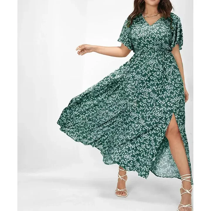 

Casual Dress for Women Bohemia Lady Spring Summer Dress Short Sleeve Beach Banquet Party Dress Floral Print V-Neck Long Dresses