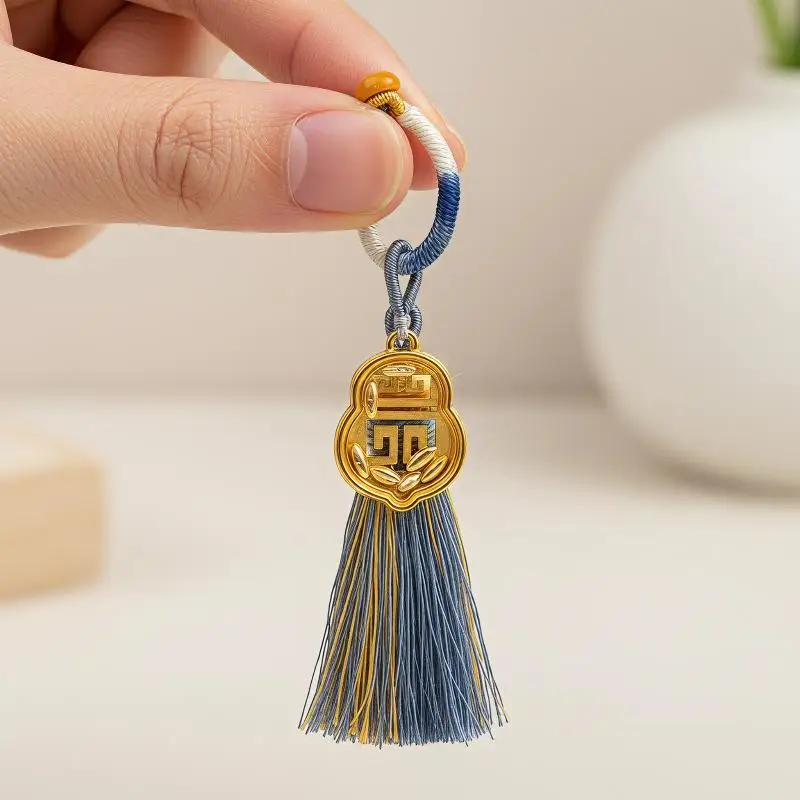 Vintage Chinese Gourd Luck Pendant Gold Plated Handwoven Blue Tassel Necklace Gift for Family Friends