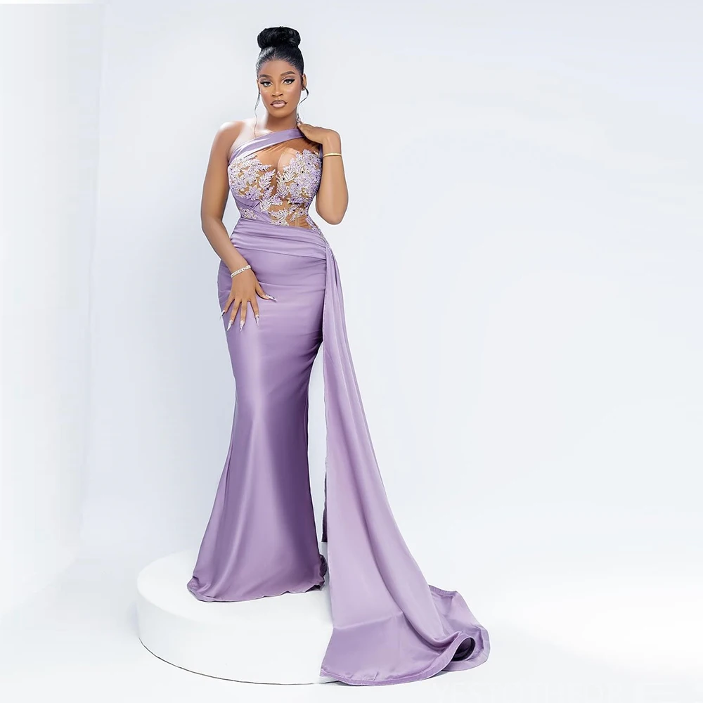 Lavender Mermaid Prom Dresses Lace Appliques One Shoulder Evening Gowns African Women Formal Occasion Party Dress Robe De Soiree