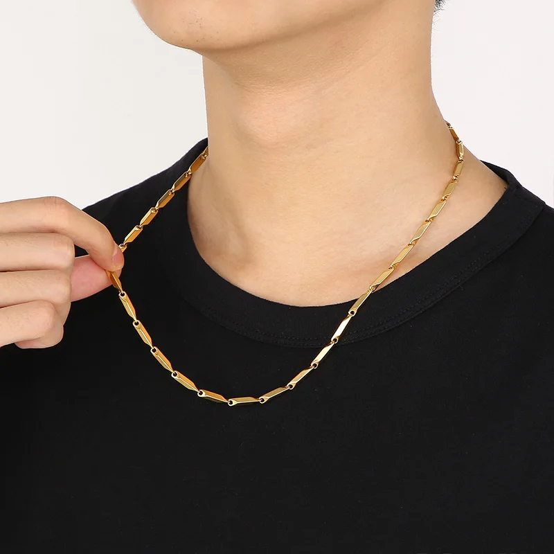 Fongten 55cm Square Chain Neckalce For Men Gold Silver Color Stainless Steel Melon Seed Chain Men's Choker Jewelry Gift