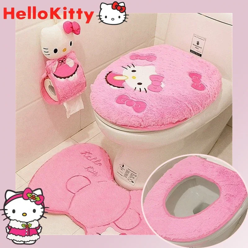 Cute Hello Kitty Toilet Seat Cover, Floor Mats, Caixa de tecido lavável, Soft Winter Mat, Acessórios quentes do banheiro doméstico