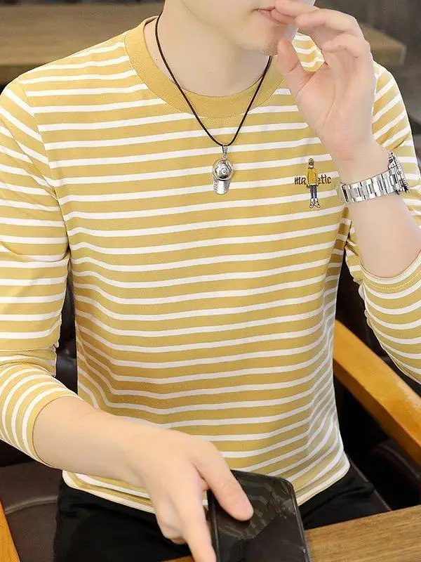 

Летняя полосатая футболка с длинным рукавом, мужская, с круглым вырезом, повседневная, универсальная, модная, базовая, для весны и осени, молодежная, без рукавов, размер M