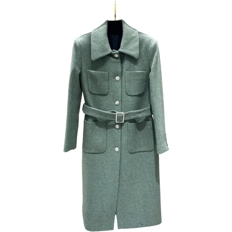 High-end women's autumn and winter new four-pocket diamond decorative green herringbone coat real wool  wool coats for women