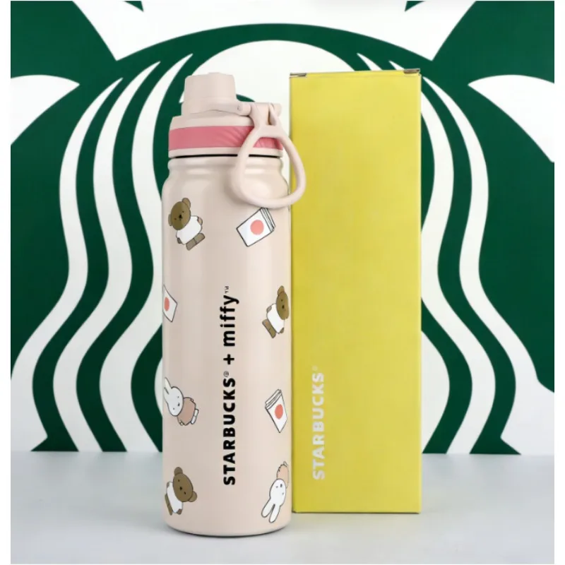 Botella de Agua de Acero Inoxidable Estilo Starbucks Miffy, Vaso Térmico con Diseño de Conejito y Oso, con Tapa Rosa