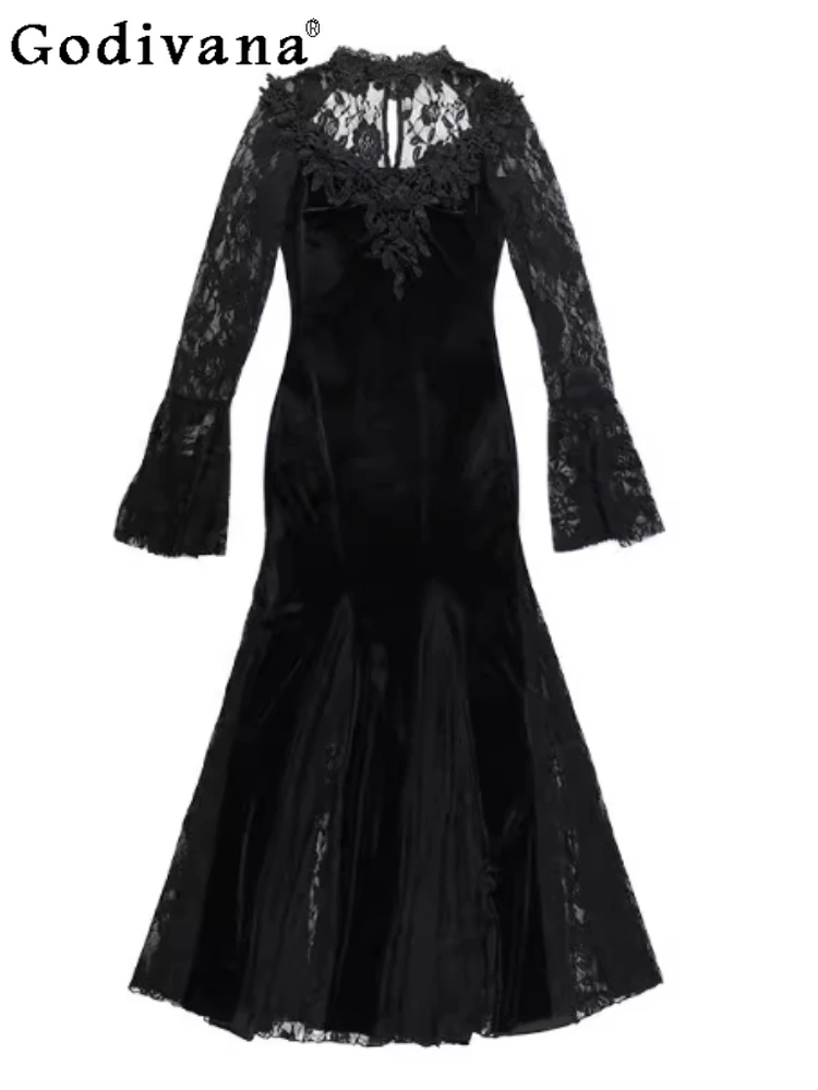 

Halloween Dark Sexy Lace Temperament Slim Fishtail Long Dress Spring and Autumn New V-neck Versatile Fashion Black Dresses