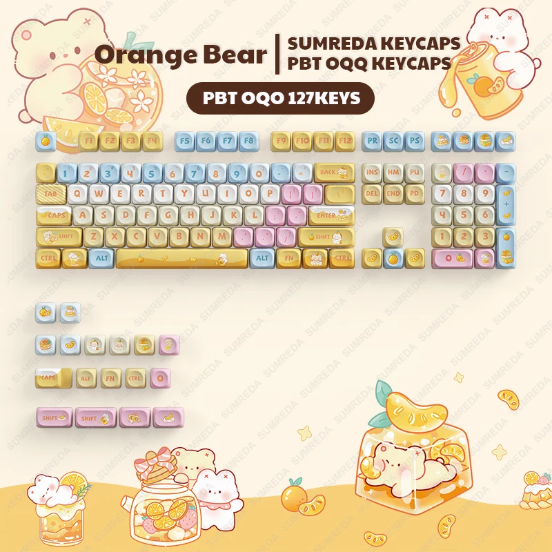 

For LEOBOG Hi75 Hi8 Keycaps Orange Bear Theme PBT Dye-sub OQO Profile Keycaps 127 Keys For RAINY75 Sugar65 AULA F87 F75 Keyboard