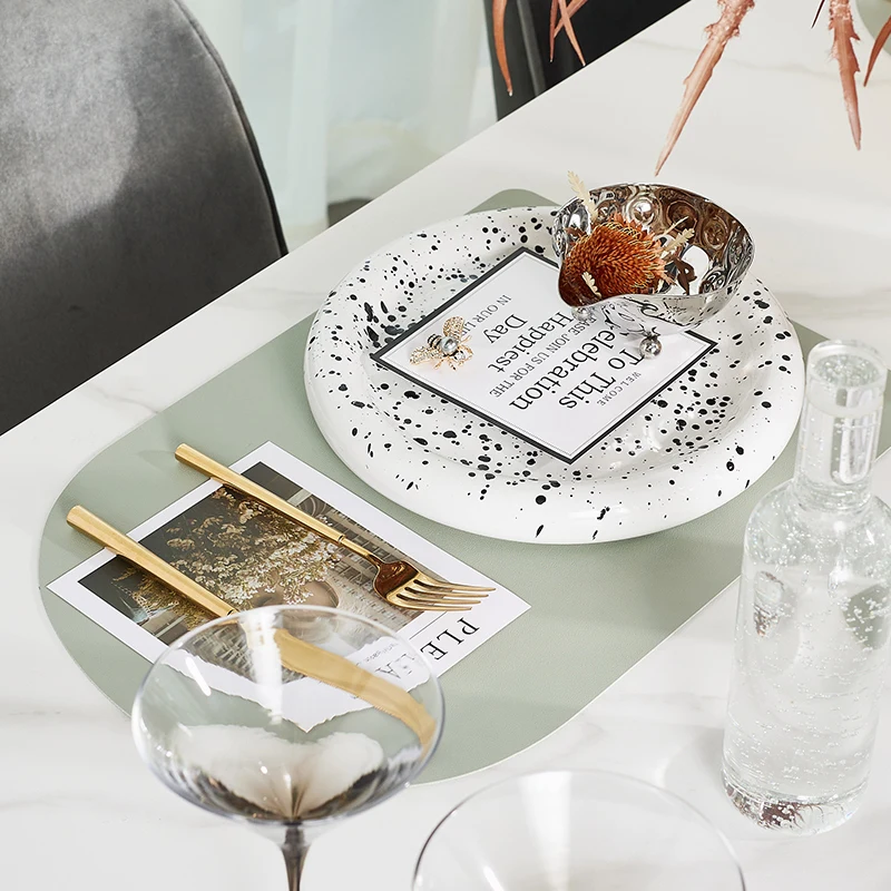 Splashed Ink Round Ceramic Dinner Plate Exhibition Hall Table Splash Setting Stainless Steel Bead Feet Bowl Kitchen Tableware