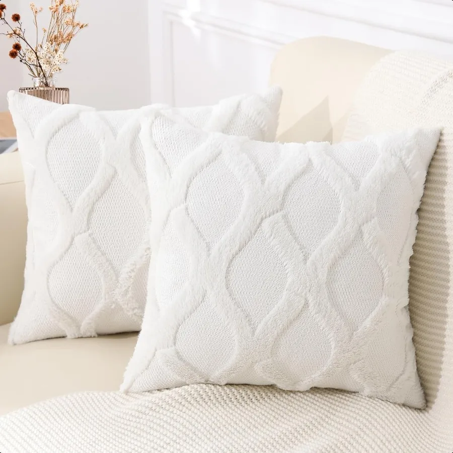 

Throw Pillow Covers 18x18 Inch Set of 2 Soft Plush Faux Fur Wool Cream White Couch Pillow Covers Decorative Neutral Pillow Case