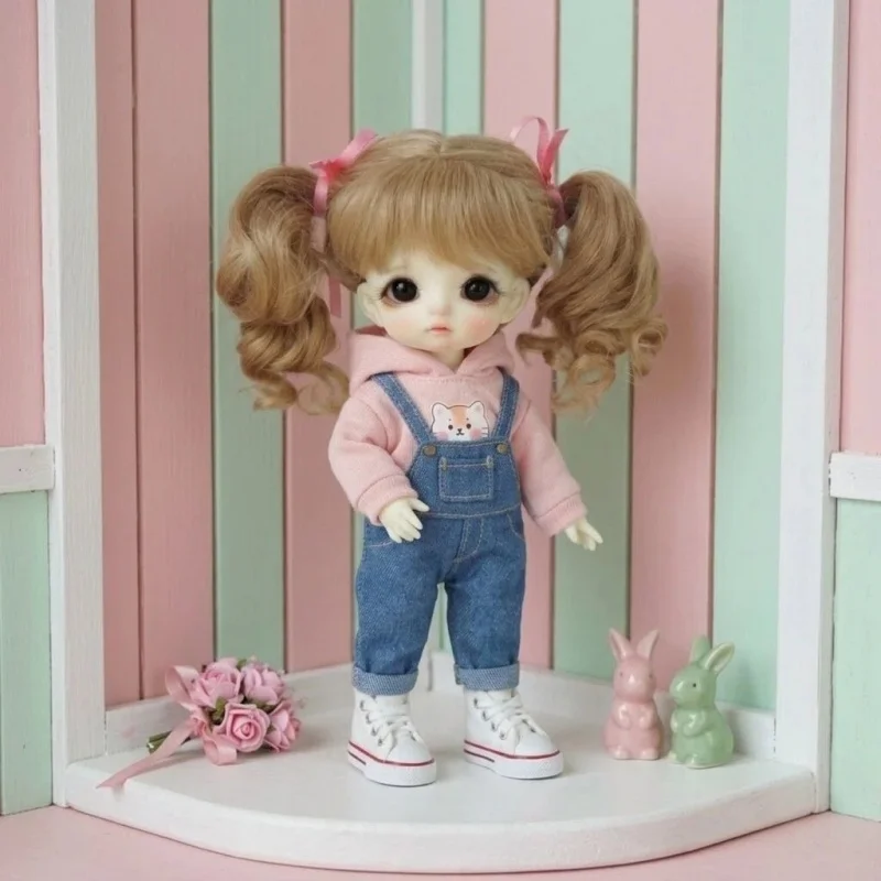 

Lovely High Ponytail Cute Ribbon Bow BJD Mohair Wigs For 5-6inch 6-7inch 7-8inch Doll OB11 YOSD MSD Long Curly Hair accessories