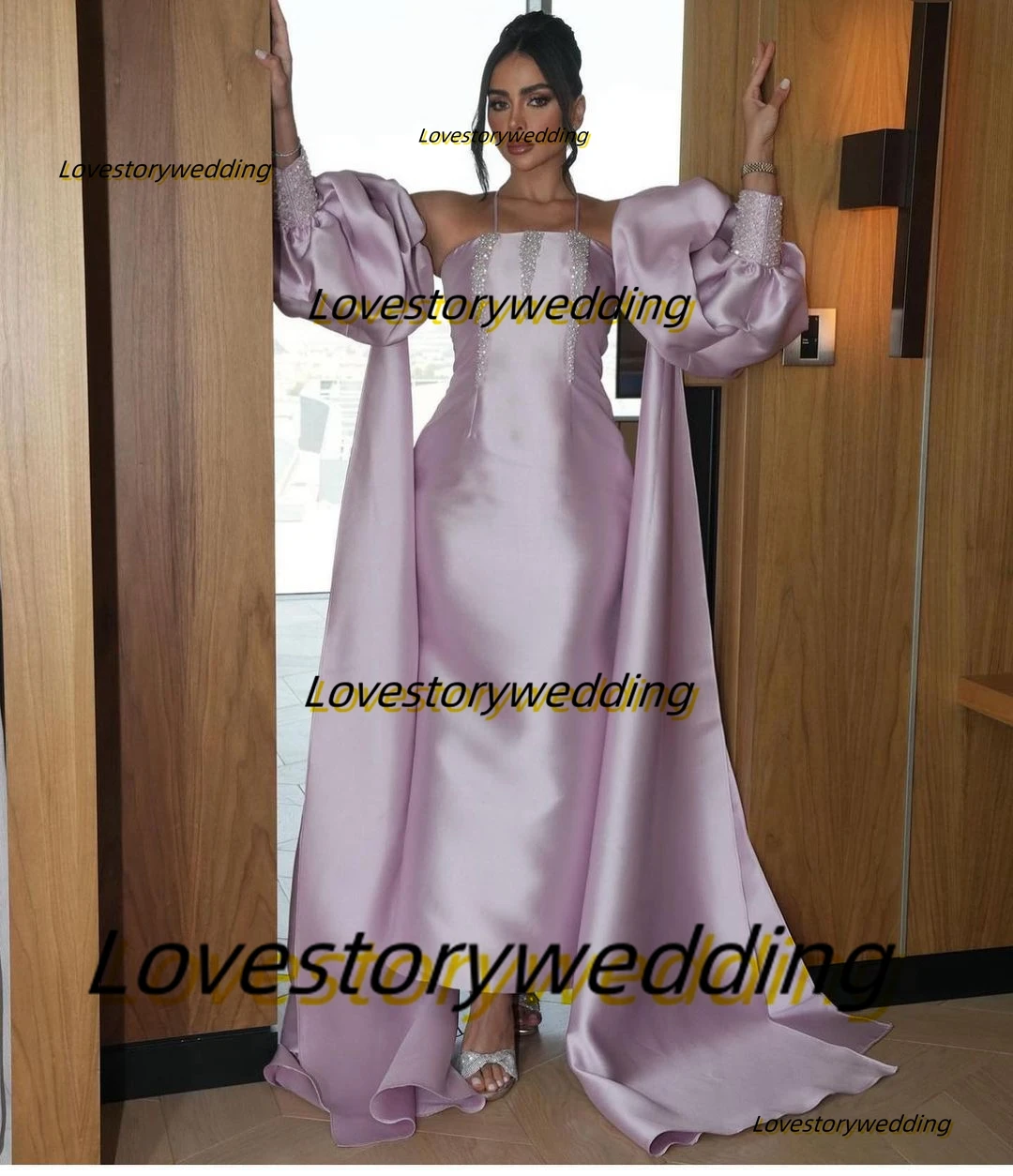 

Lovestory Saudi Arabia Women Wear Beaded Strapless Prom Dresses Puffy Long Sleeves Evening Party Sheath Formal Occasion Dress