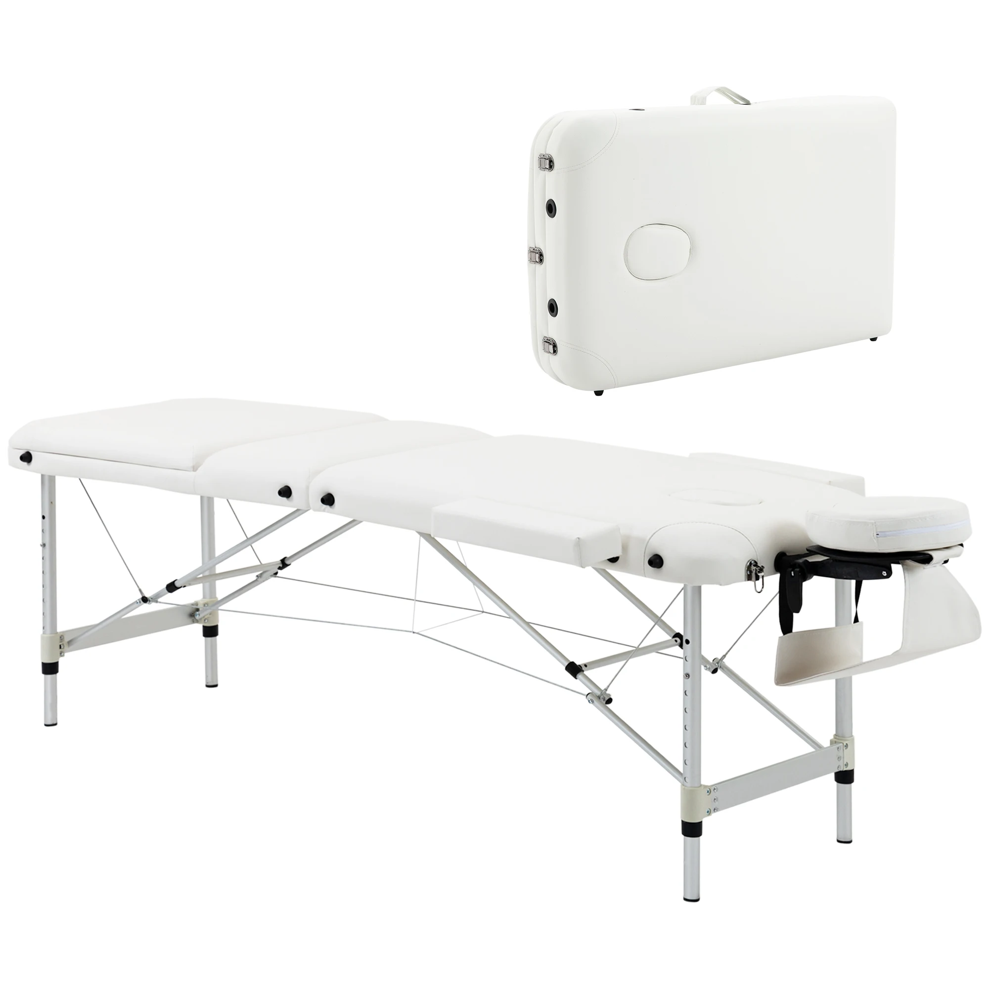 HOMCOM Camilla Masaje Pliante en Aluminium avec Hauteur Réglable 3 Zones Appui-tête Appui-bras Blanc