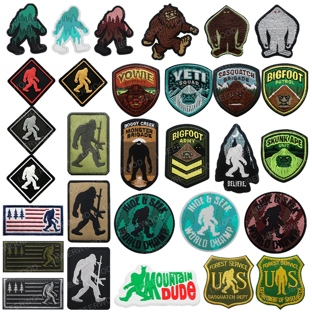 جبل المتأنق كبير القدم التطريز بولي كلوريد الفينيل التصحيح إخفاء وسعى خدمة الغابات شارة Sasquatch مع هوك شعار التكتيكية لحقيبة الظهر
