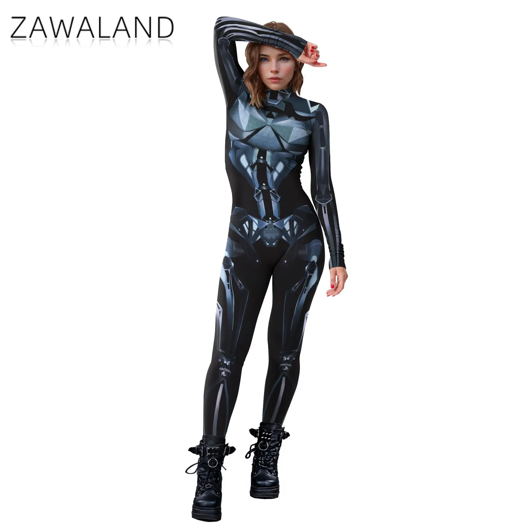 Zawaland mechaniczny robot drukuj Zentai Halloween Punk Party body kostiumy Cosplay kobiety seksowne z długim rękawem fantazyjne ubrania