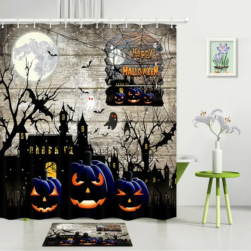 Ghost Pumpkin Halloween Rustic Fabric Shower Curtain