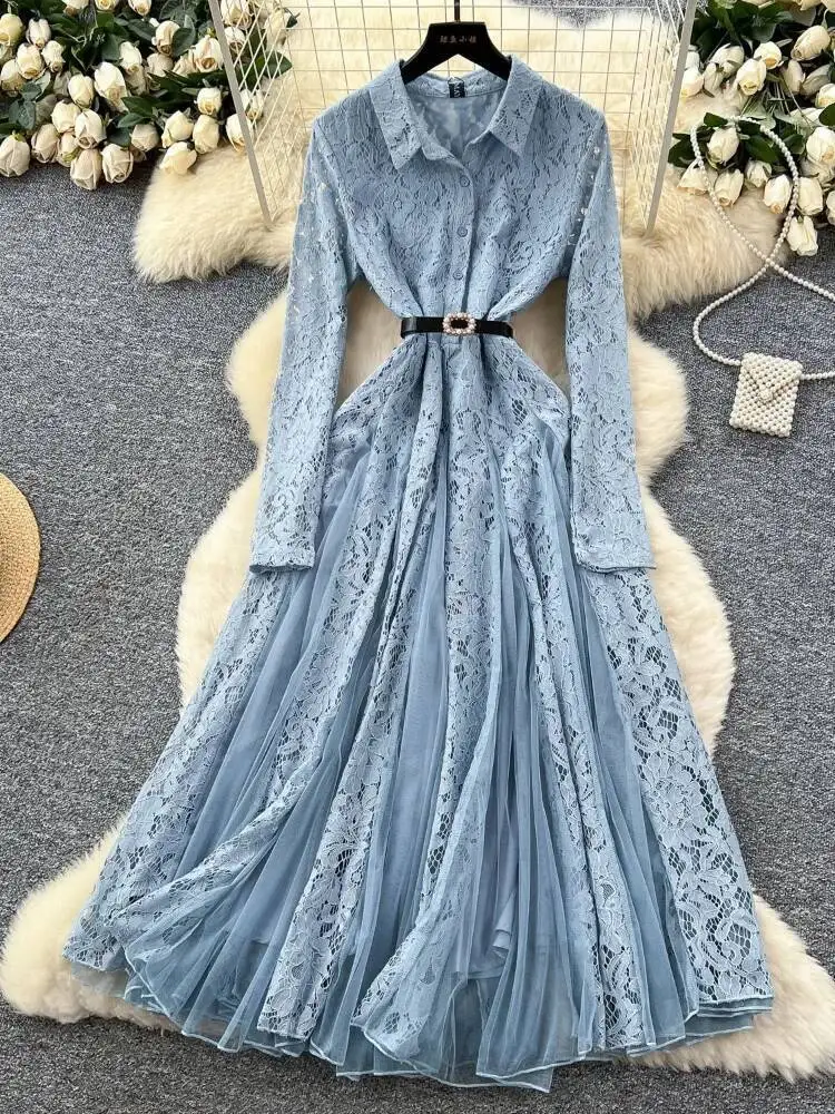 Frauen Französisch Vintage Elegante Kleid Herbst Winter Häkeln Spitze Patchwork Mesh Unregelmäßige Lange Kleider Damen Hemd Lange Robe