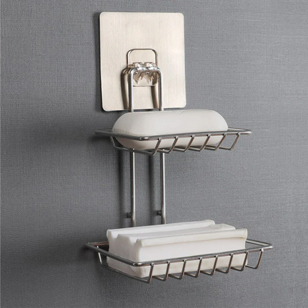 

2-layer Soap Rack Stainless Steel Soap Holder Wall Mounted Soap Dish Sponge Shelf Self Adhesive Suction Cup Bathroom Accessories