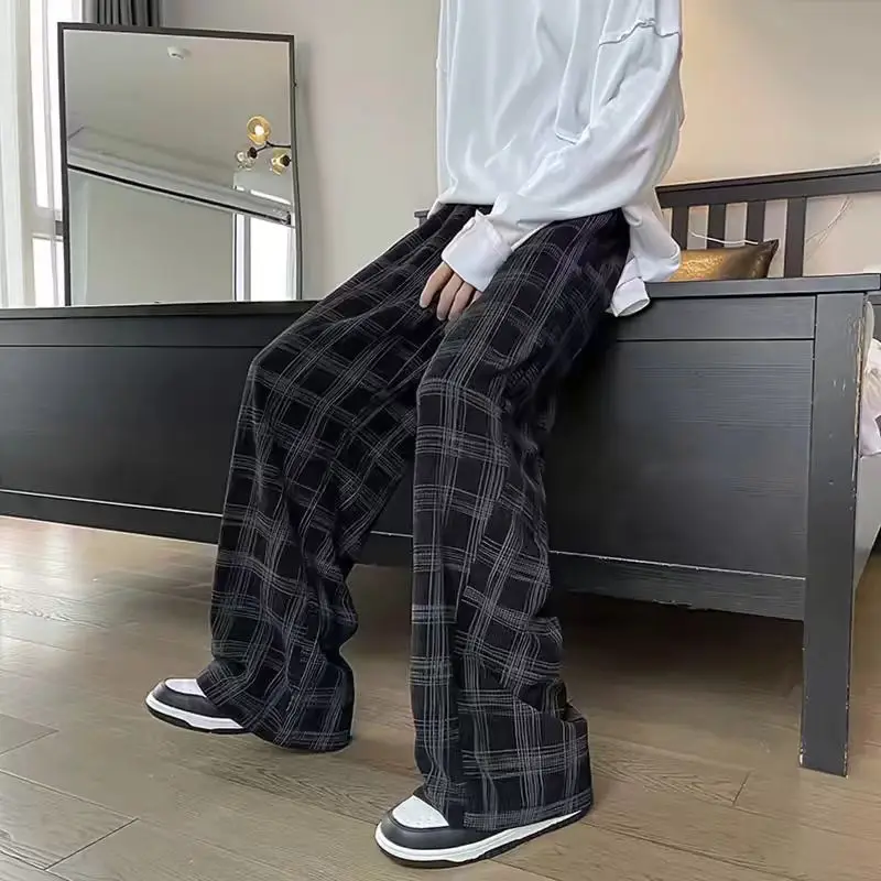 

Summer plus size American retro plaid casual pants men's and women's straight leg loose high street sweatpants trend