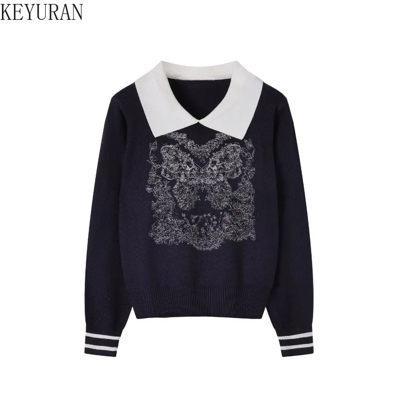 Maglione lavorato a maglia con ricamo a farfalla bianca da donna autunno moda vintage colletto rovesciato pullover maglieria top maglioni da donna