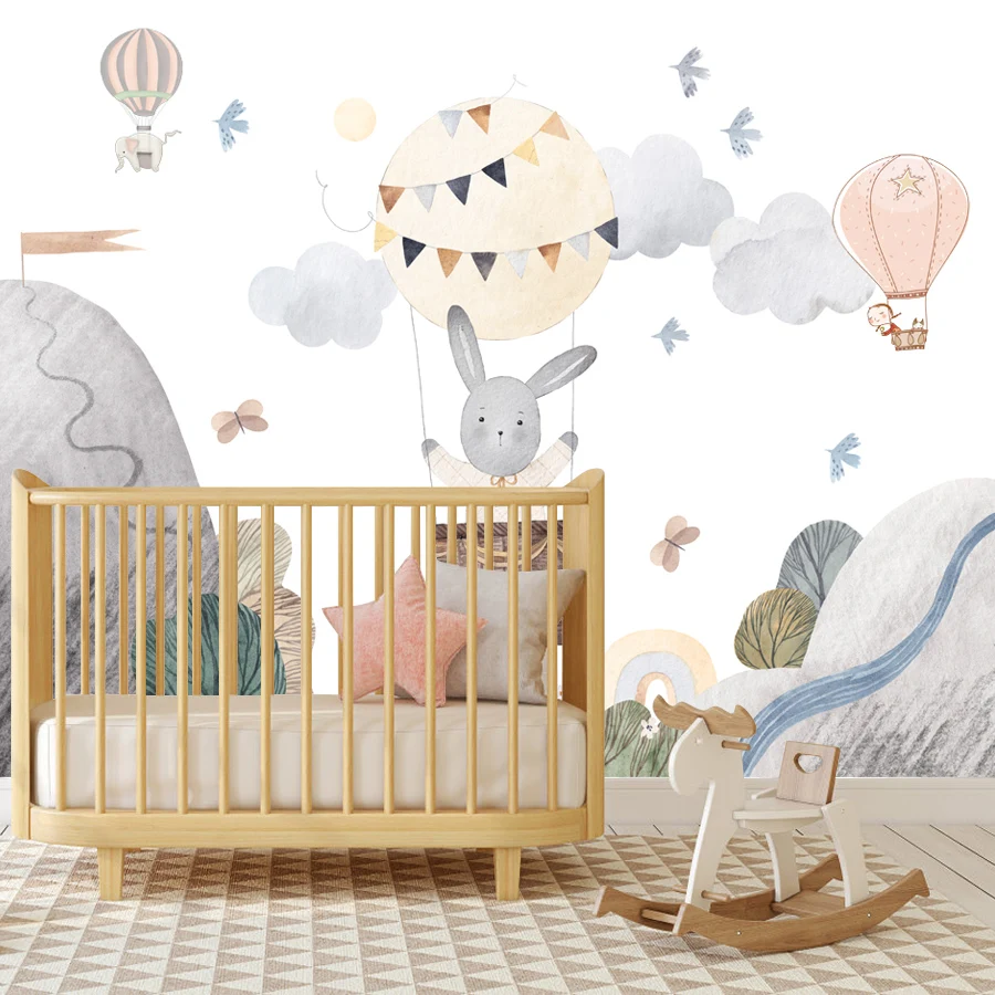 15+ Cartoon Self Adhesive Wall Art Papers Home Decor Wallpaper for Living Room Kids Baby Balloon Rabbit Walls Renovation Murals
