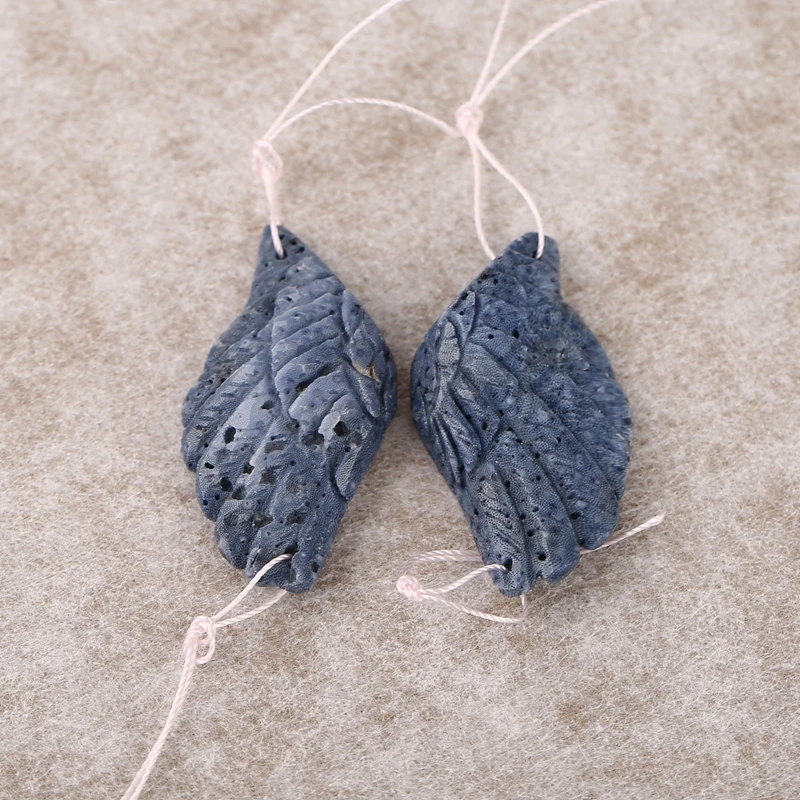 

2pcs Natural Blue Coral Wing-Shaped Earrings Gemstone Pendant Beads Semiprecious 3D Carving Fashion Jewelry for Women 39x21x7mm