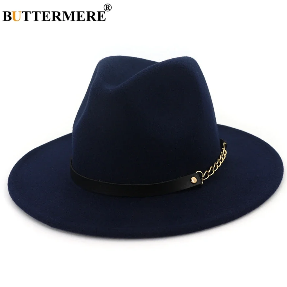 BUTTERMERE Fedora Cappello in feltro a tesa larga Donna Blu navy Cappelli jazz casual da uomo con catena Solid Classic Autunno Inverno Cappellini jazz Rosso