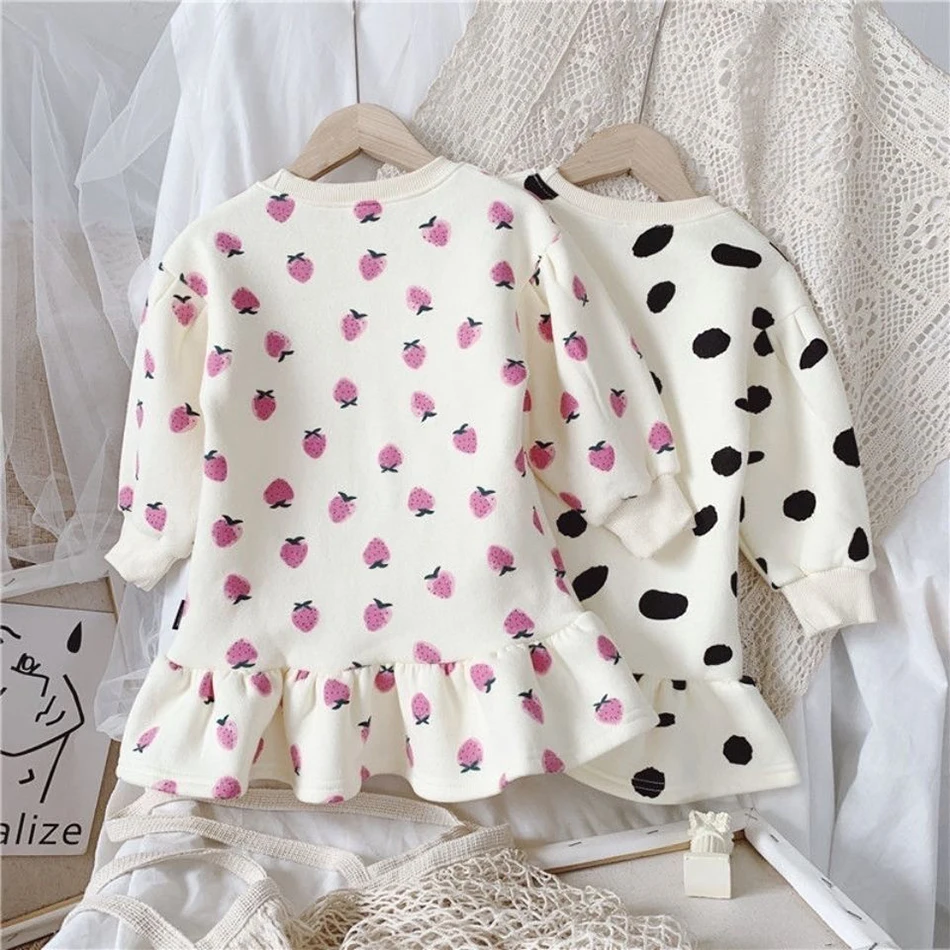 Stylish Kids Girl Sweater Dress with Elegant Strawberry and Playful Polka Dot Bubble Skirt Perfect for Spring and Autumn Seasons