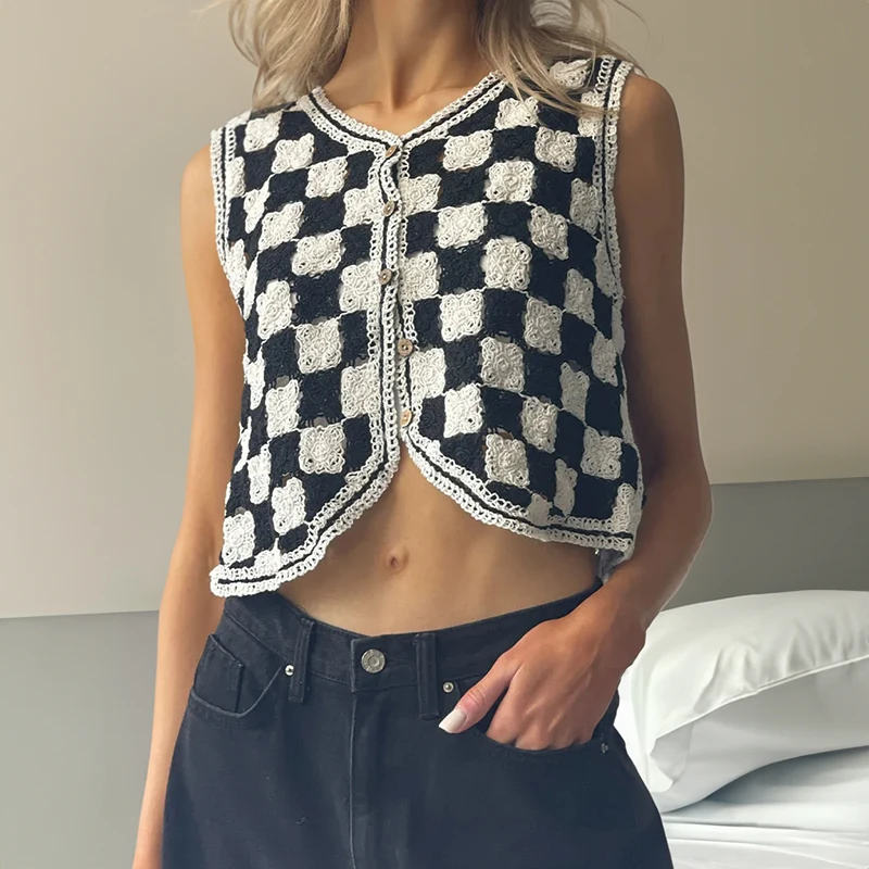 Checkerboard Crochet Vest for Women Black and White Plaid Button Front Sleeveless Jacket Tanks Female Summer Trendy Outfit