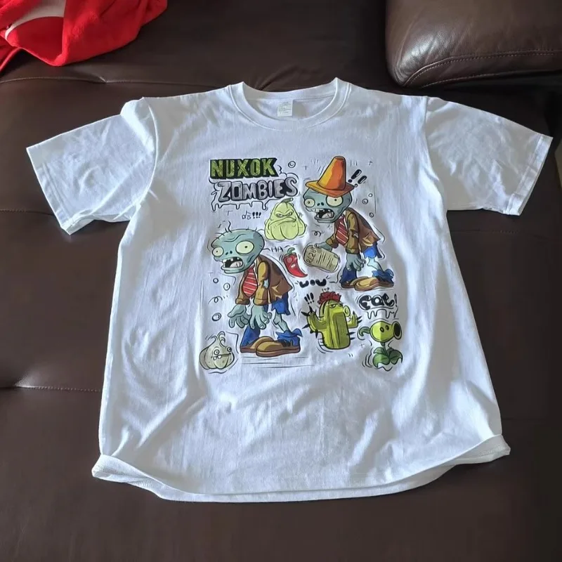 Y2K نباتات شارع العليا ضد الزومبي نمط الرسوم المتحركة المطبوعة زوجين جولة الرقبة قصيرة الأكمام الرجعية القوطية الشرير فضفاض تي شيرت