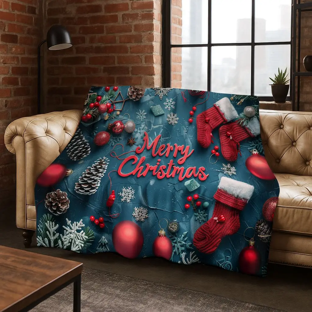 3D Merry Christmas Tree Santa Claus Cartoon Flannel Soft Warm Throw Blanket for Bedroom Living Room Bed Camping Picnic Gift