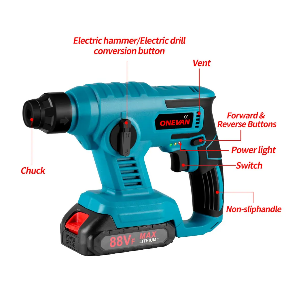 1000W 3600RPM Electric Hammer Rechargeable Cordless Handheld Multifunctional Electric Impact Drill For Makita 18V Battery