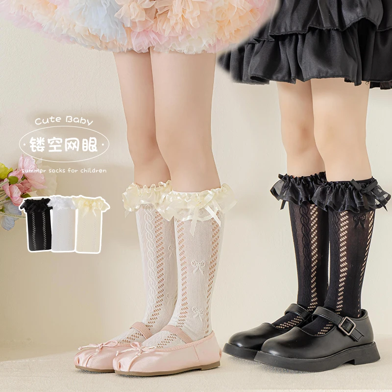 Charming Girls European Vintage Long Stockings Side Hollow Out Jacquard Craft Silk Ribbon Bow Lace Ruffle Soft Stretchy Hosiery view 5