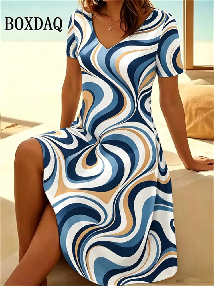 Abstract Striped Print Women Dress Elegant Casual Short Sleeve V-Neck A-Line Dress Summer Fashion Plus Size Clothing Ladies 6XL