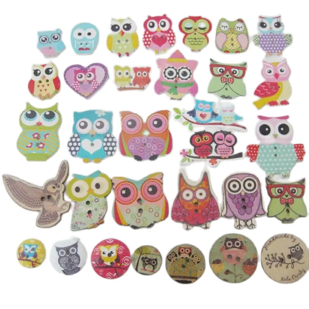 WBNOGN Fashion Buttons Owl Shape Wood Animal Button Mix 50Pcs Home Sewing Supplies Tailor's Accessories