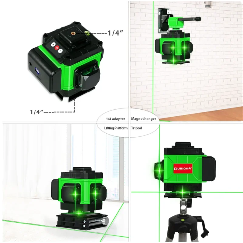 충전식 고출력 배터리 레이저 레벨 360 빌딩 도구, 3D 12 라인, 강력한 녹색 레이저 레벨, 6800mah