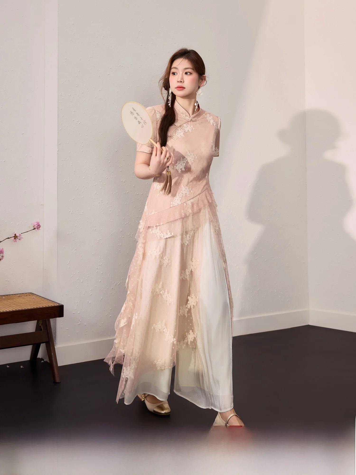 

Blue Language plus Size Women's New Chinese Sle Lace Splicing Improved Summer New Uneven Beautiful Slimming Dr