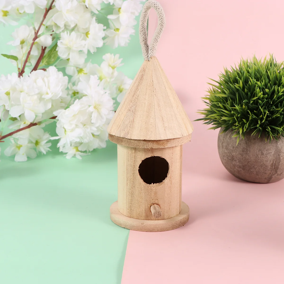 

6 pcs Wooden Small House Diy Unfinished Birdcage For Kids Painted Craft Educational Desktop Ornament Thick Rope Included