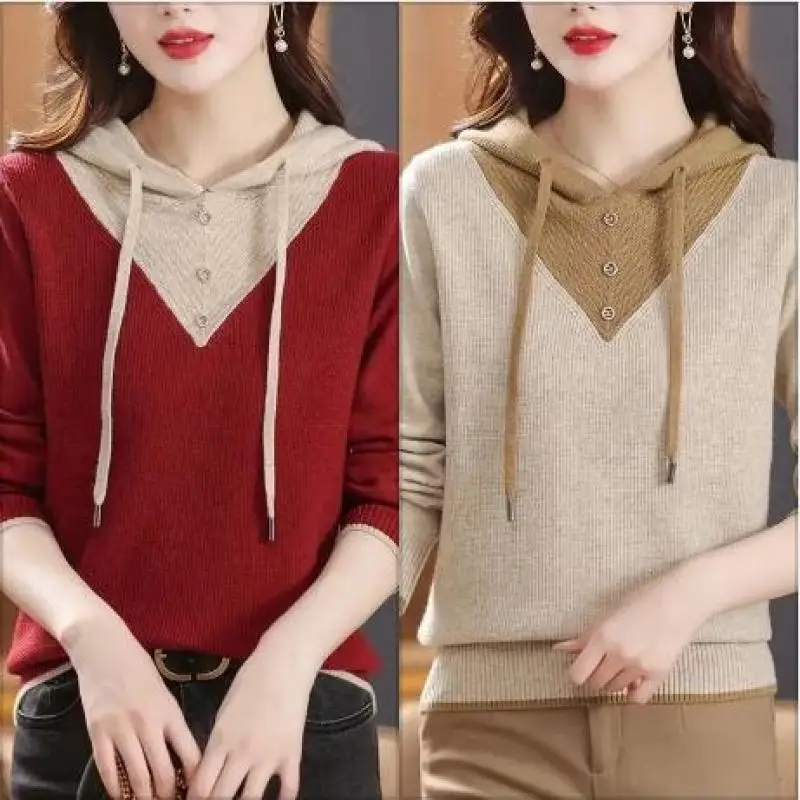 

Korean Color Blocking Knitted Hoodie Women Fashion Slim Sweater with Hat