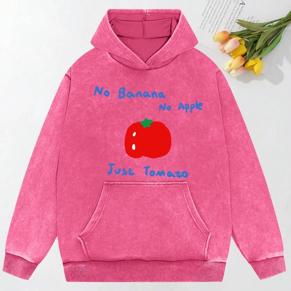 No Banana No Apple Just Tomato  Prints Washed Hoody Women Cotton Pocket Hoodie Autumn O-Neck Streetwear All-Match Loose Clothes