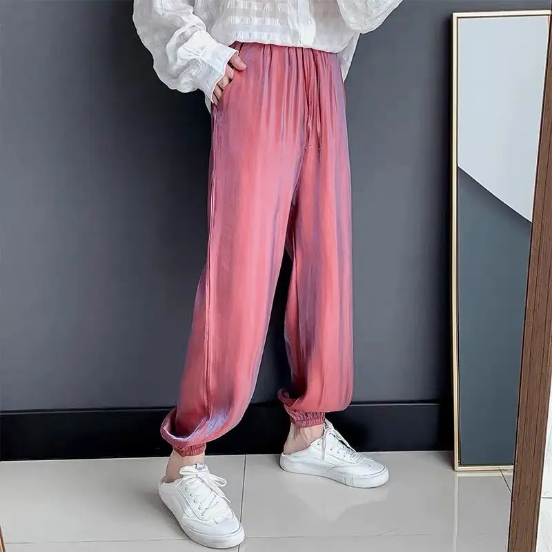 Men Holographic Bling Reflective Pants Summer Draped Silk Thin Soft Quick Dry Pants Dance Party Singer Punk Hip Hop Trousers