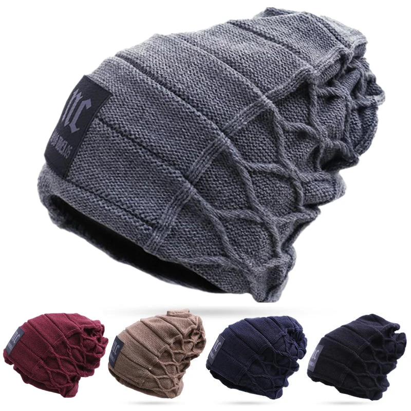 New Unisex Warm Winter Hat Fashion NC Letter Label Knitted Hats For Men & Women Add Fur Lined Thick Ski Beanie Cap