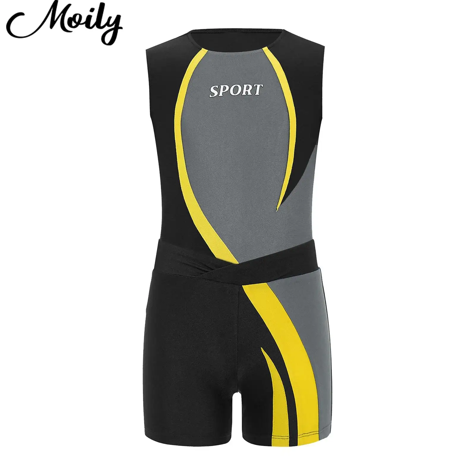 

Kids Boys Workout Gymnastics Costume Outfit 2025 Sportswear Dancewear Sets Sleeveless Color Block Leotard with Athletic Shorts